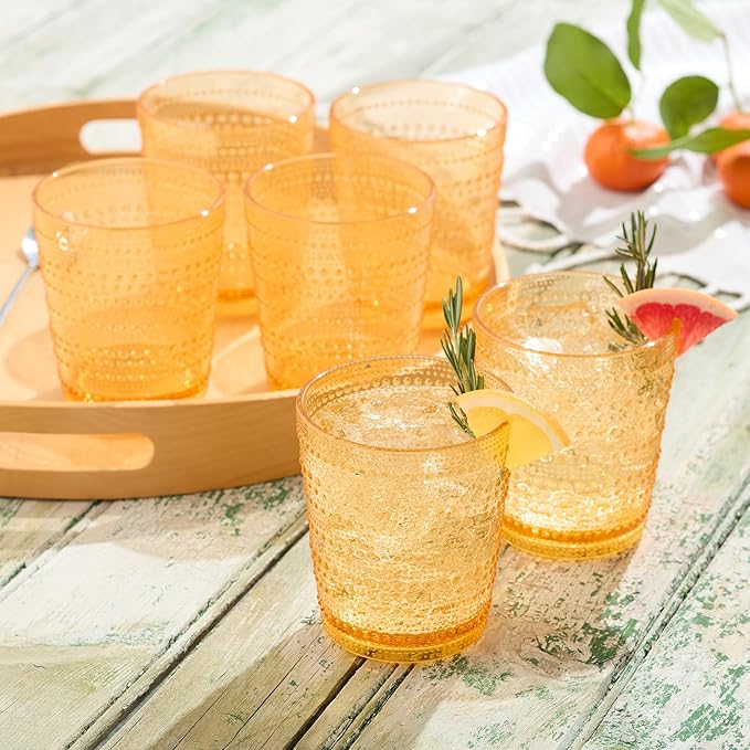 Santa Fe Orange Set of 6 Premium Acrylic DOF Glasses 16 oz – Unbreakable Drinkware with Textured Bubble Design, Dishwasher Safe Tumblers for Indoor & Outdoor Use