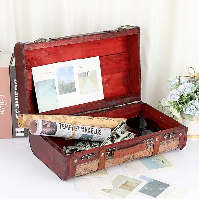 ELLDOO Vintage Wooden Storage Chest, Portable Decorative Luggage Suitcase, Treasure Chest Box with Map Pattern, Pirate Keepsakes Box for Gifts, Chest Storage Box for Decor Storage Travel
