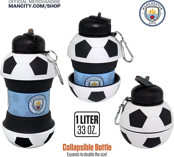 Maccabi ART Manchester City Clip-On Collapsible 1 Liter, 34 oz. size BPA-Free Silicone Soccer Large Water Bottle
