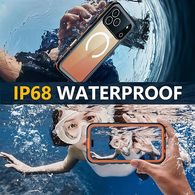 Red2Fire for iPhone 17 Pro Max Case Waterproof, [Built-in Screen Protector & Camera Protector][Compatible with MagSafe][Full Body Shockproof][IP68 Waterproof][Dustproof] Phone Case 6.9" Oragne/Clear