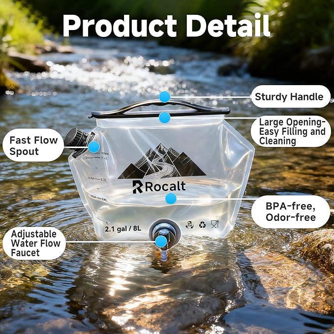 Rocalt 2 Pack Collapsible Water Container with Spigot, 2.1 Gallon Foldable Camping Water Storage, BPA Free Emergency Water Container with Wide Mouth Opening for Survival & Disaster Preparedness