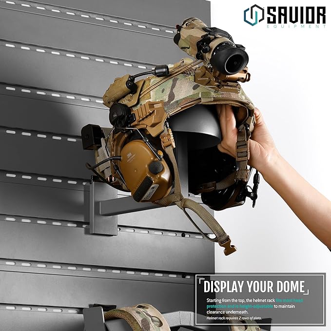 Savior Equipment Wall Rack System Tactical Helmet Attachment Gear Wall Mount Display Rack Organizer Hanger, Adjustable Height, Heavy-Duty Steel Construction Hold Up to 20 lbs