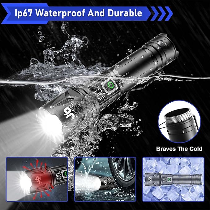 JAY-PARK High Lumen Flashlight - 100000 Lumens, Rechargeable 5000mAh with LCD Display, Zoomable Long Beam (3000m), IP67 Waterproof, 5 Modes & Belt Clip - for Camping, Dog Walking