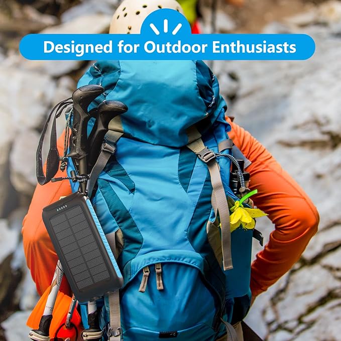 Solar Charger Power Bank 49800mAh Portable 15W Fast Charging Power Bank with QC3.0 USB-C & Dual USB-A Ports for Cell Phones, LED Flashlight, Carabiner, Waterproof Solar Panel for Camping, Outdoor