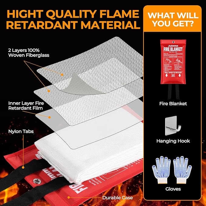 Juimma Fire Blanket for Home and Kitchen - 40" x 40" Prepared Fire Blankets Emergency for Home, School, Camping, Office, Warehouse, with Gloves and Hooks, 4 Packs