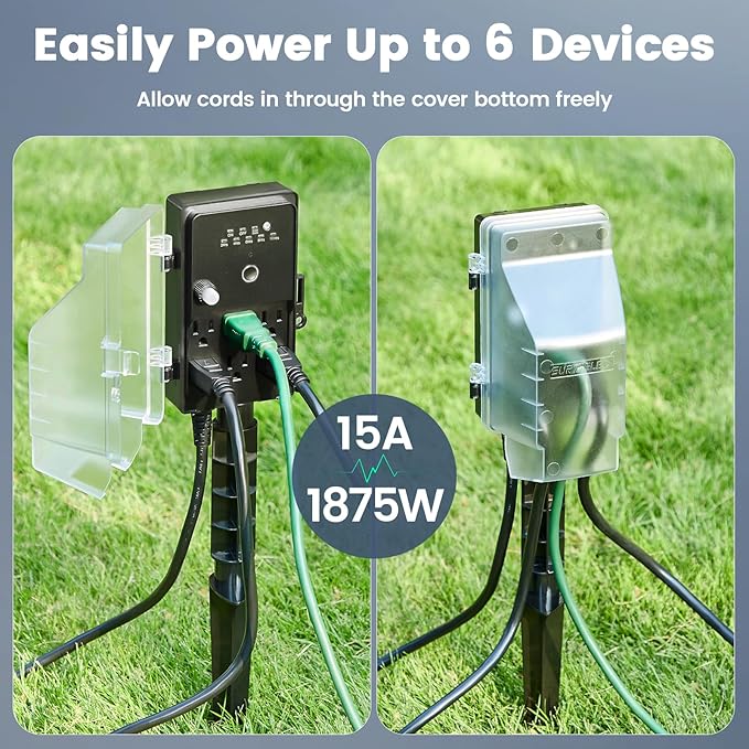 SURAIELEC Outdoor Power Stake, Dusk to Dawn Light Timer, 25FT Extension Cord Multiple Outlet, 6 Electrical Outlets Power Strip Weatherproof for Patio Light, Garden, Christmas Decoration, Outdoor Light