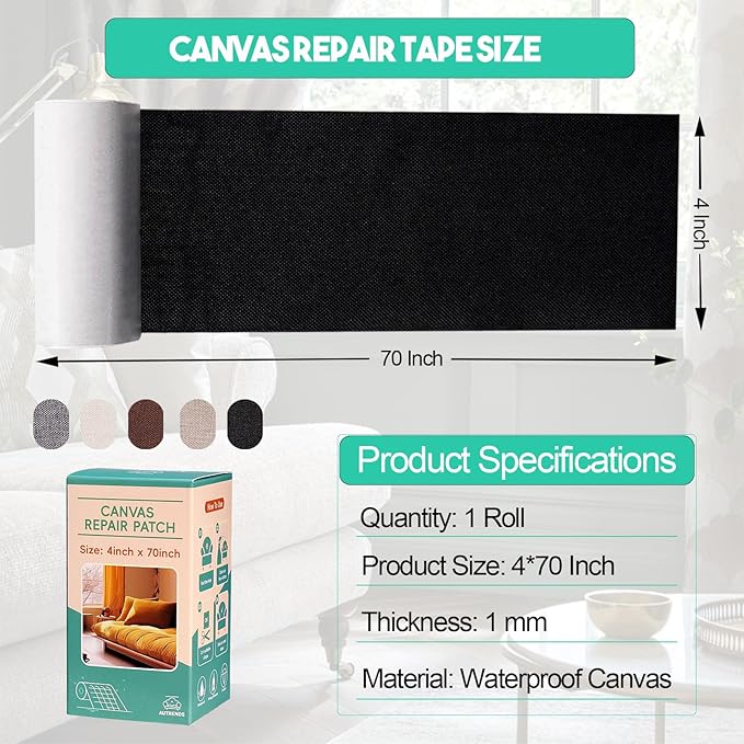 Canvas Repair Tape,Fabric Repair Patch,4×70 Inches,Outdoor Gear Patch, Waterproof,Self-Adhesive for Repairing Boat Covers,Tents,Sofas,Patio Umbrellas,Lounge Chairs,Awnings