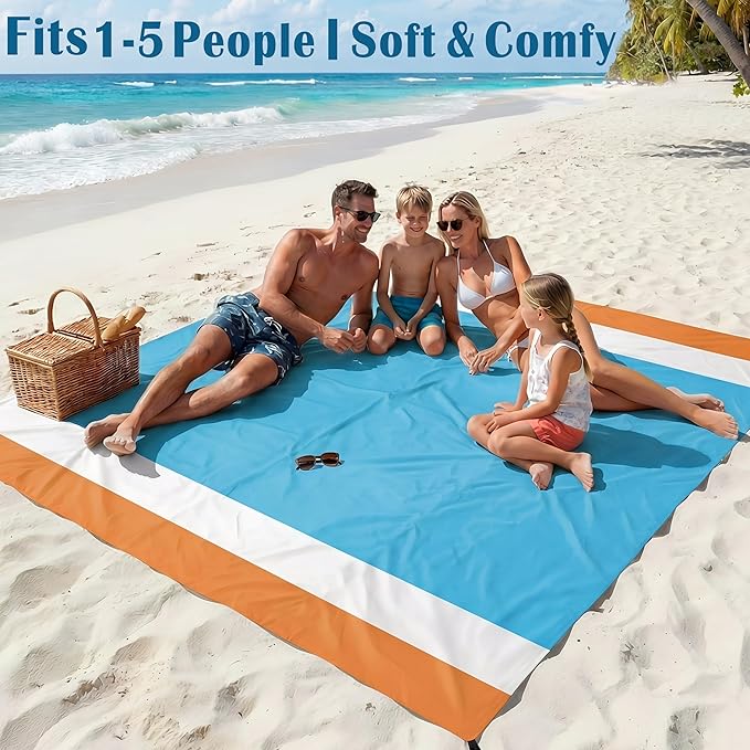Famstar Beach Blanket Oversized Extra Large78 X 81",Waterproof Sandproof Beach Blanket 1-7 Adults Lightweight Durable for Travel Camping Hiking Picnic (78" X 81", Orange&Blue)
