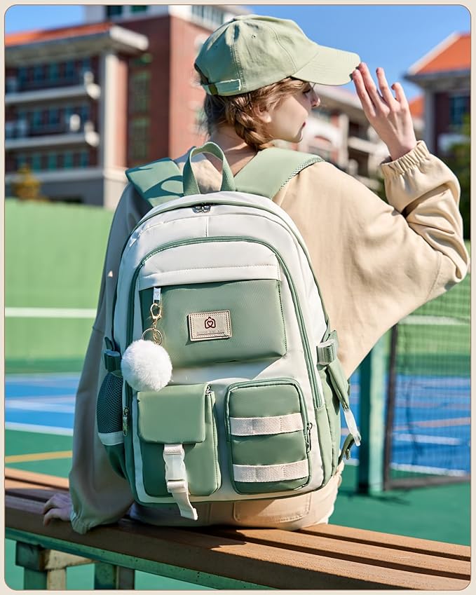 Hidds Laptop Backpack For College Women Elementary Middle High School Bag Teen Girls Bookbag Travel Daypack Backpacks (Green Beige)