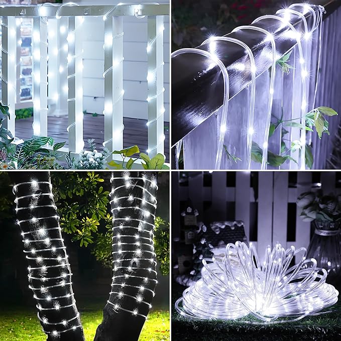 Solar Rope Lights, 2 Pack Total 132ft 400LED Solar String Lights, 8 Modes Waterproof Solar Powered Outdoor Light, Flexible Clear Tube Light for Garden Backyard Patio Deck Porch Pool Tree Decor - White
