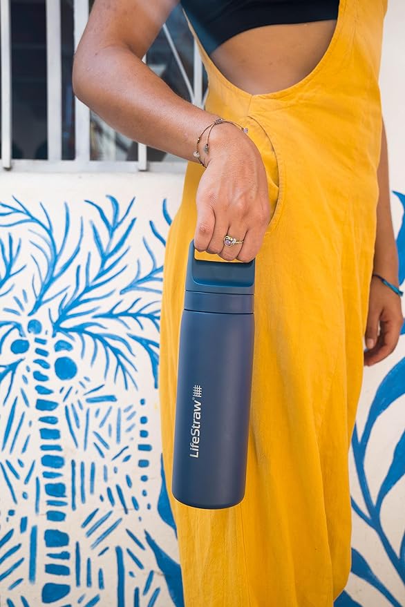 LifeStraw Go Series – Insulated Stainless Steel Water Filter Bottle for Travel and Everyday Use, Removes Bacteria, Parasites and Microplastics, Improves Taste, 18oz Aegean Sea