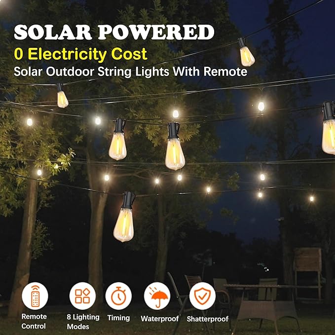 Solar String Lights for Outside 100FT with Remote 8 Lights Mode, Weatherproof Shatterproof S14 LED Bulb 34 Sockets, Outdoor Patio Light for Backyard Porch Cafe