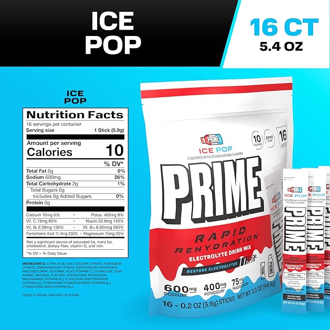 Prime Rapid Rehydration Electrolyte Powder Sticks, Ice Pop, Sugar Free Hydration Drink Mix with Sodium, Potassium, Magnesium & B Vitamins to Replenish Fluids, Caffeine Free, 16 Count