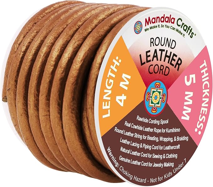 Mandala Crafts Round Genuine Bronze Leather Cord for Jewelry Making – 5mm Cowhide Leather Rope String Lace for Kumihimo – 4.4 Yards Cowhide Craft Cording Spool