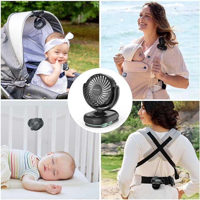 Momcozy Portable Stroller Fan with Clip | 4-Speed Mini-Fan for Carrier | Personal Fans Ultra Light 0.26lb | Gaps ≤4.5mm | Handheld Cooling | Rechargeable Rotate for Diaper Backpack/Table/Chair