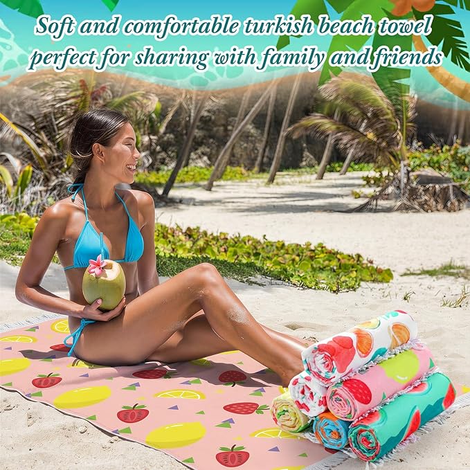 Peryiter 24 Pack Microfiber Oversize Turkish Beach Towel Set 12 Large Absorbent Beach Towels with 12 Storage Bag 28 x 55 Quick Dry Lightweight Bath Towel Blanket for Hawaii Camp Swim Pool(Fruit)