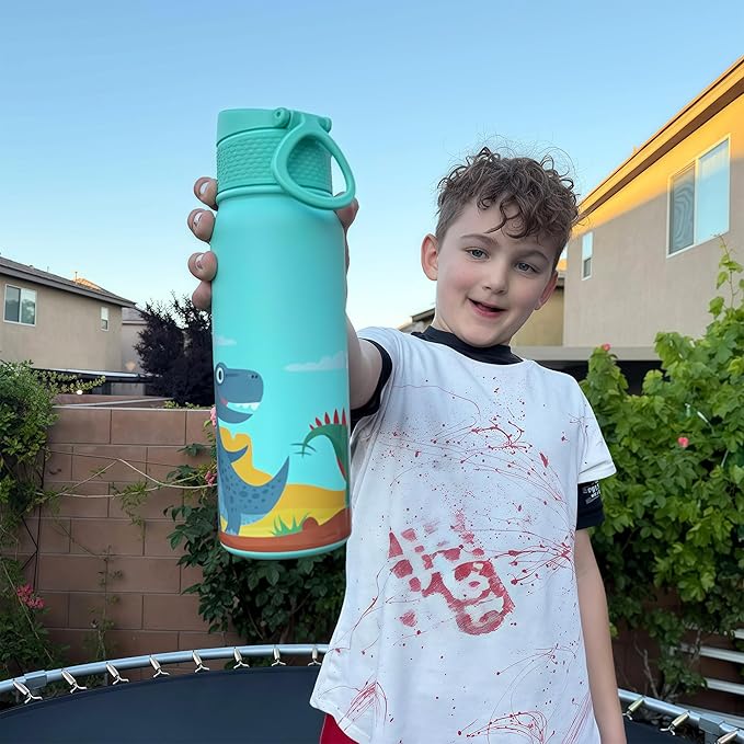 OLDLEY 20 Oz Insulated Stainless Steel Water Bottle For Kids, With Straws Leak-proof, Kids Water Bottles For School Boys Girls,Dinos