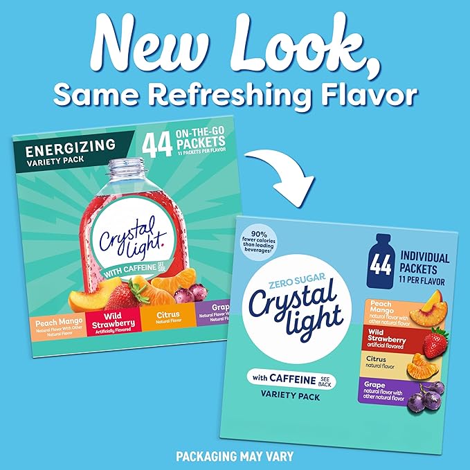 Crystal Light Energizing Drink Mix with Caffeine Variety Pack, 44 Packets for On-the-Go Hydration, Peach Mango, Wild Strawberry, Citrus, Grape, Naturally and Artificially Flavored, Zero Sugar, 4.18 oz