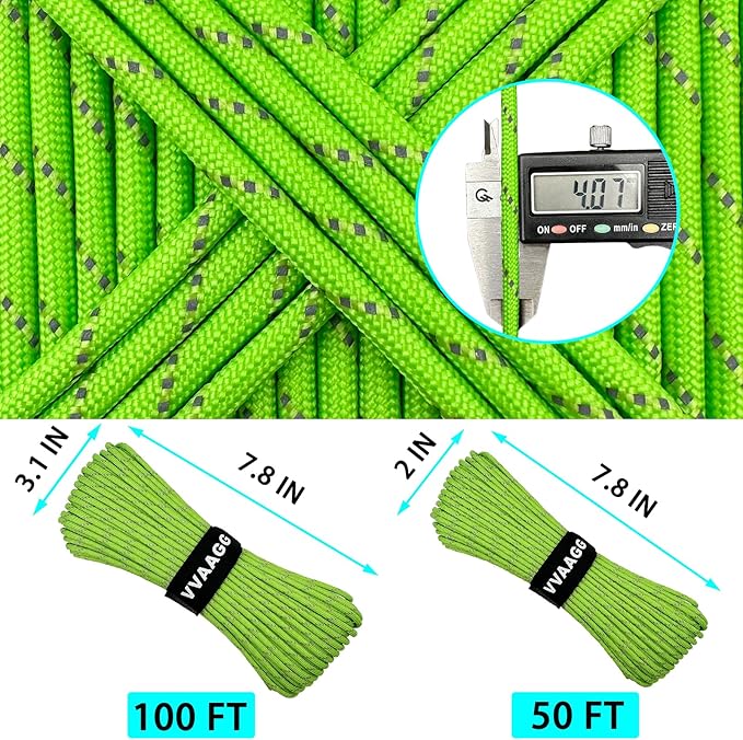VVAAGG Reflective Paracord Rope 100FT, 7 Strand Nylon para Cord Lanyard Utility 550 Parachute Cord, 4mm Thin Tent Rope for Outdoor Camping Hiking