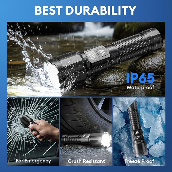 3 Pack Rechargeable Flashlights High Lumens, Super Bright LED Tactical Flashlight with LCD Power Display, Zoomable Flashlights 15H+ Runtime, IP65 Waterproof Flashlights for Home Emergency Camping