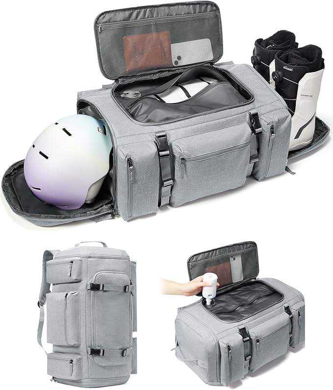 Ski Boot Bag Backpack for Helmet,70L Waterproof Vacuum Backpack Travel,Goggles, Gloves, Skis, Snowboard & Accessories,Snowboard Bag,Grey