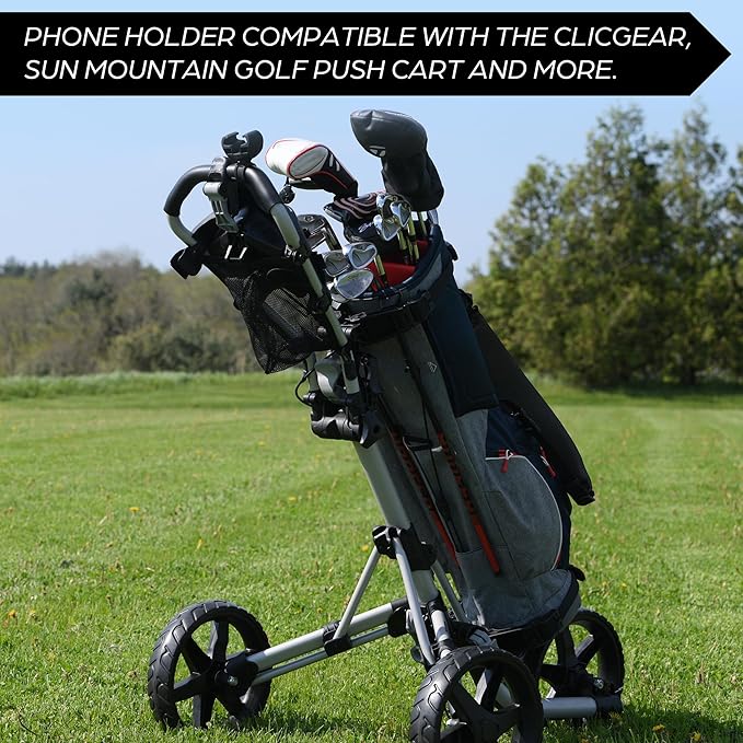 Golf Push Cart Phone Holder - Silicone Phone Mount Compatible with Clicgear, Sun Mountain, Caddytek, Rovic, Caddy, Bag Boy & More- Golf Push Cart Accessories for Cell Phones