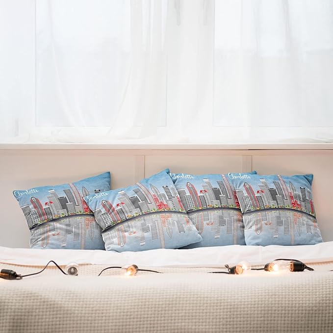 Ambesonne North Carolina Throw Pillow Cushion Case Pack of 4, Charlotte Skyline with Urban Skyscrapers Buildings City Landscape, Modern Accent Double-Sided Digital Printing, 18", Grey Coral