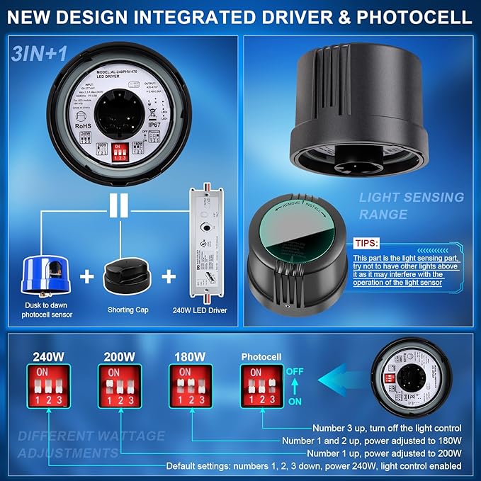 LED Parking Lot Light 240W/200W/180W, 36000LM Parking Lot Lights Outdoor 5 in 1 Dusk to Dawn Photocell IP65 Watereproof 100-277V LED Street Light Commercial for Stadium Barn Yard Lighting