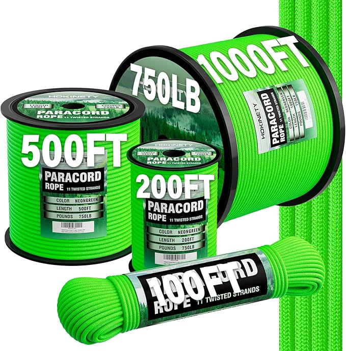 Paracord Rope 750 - Parachute para Cord 4mm 11 Strand Spool Rope Utility Nylon String for Outdoor Camping Survival Utility Tent Crafting DIY Projects - Neongreen 100ft