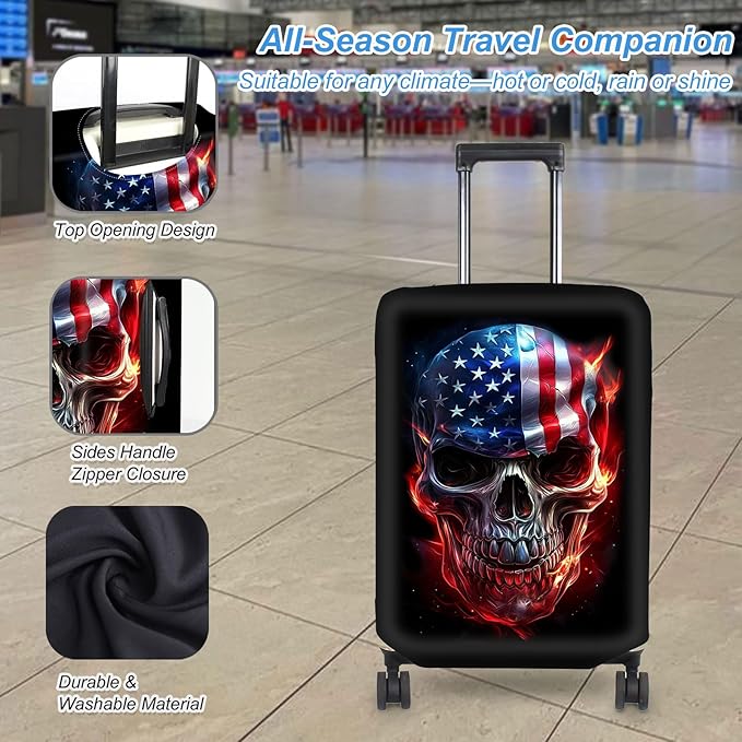 Luggage Cover Protector for 26-28 Inch Suitcases, TSA Approved Elastic Travel Suitcase Covers, Anti-Scratch Washable Luggage Sleeve for Carry On & Checked Bags, Skull American Flag