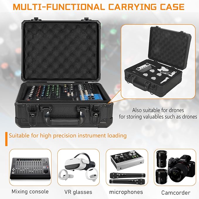 13 Inch Aluminum Carrying Case 13 X 10 X 5.5 Inch Ideal for Microphone & Camera Gear Transportation, DJ Mixer Case with Customizable Pre-Diced Foam, Black
