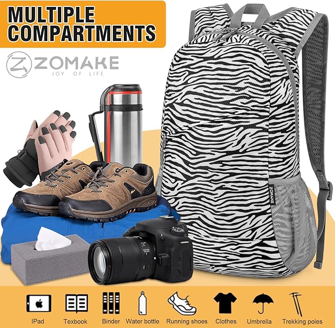 ZOMAKE Lightweight Packable Backpack,Foldable Backpacks Small Daypack for Hiking Water Resistant Day Bag for Travel(Zebra print)