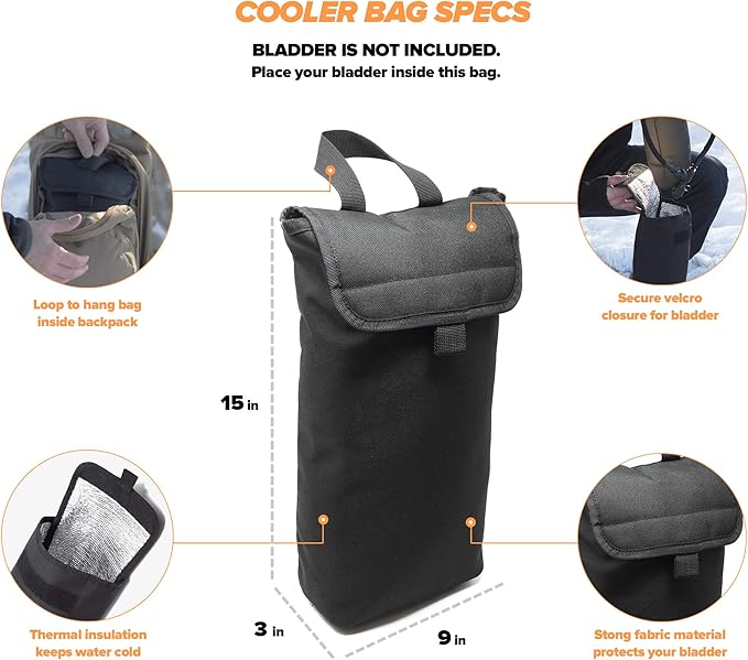 Insulated Cooler Bag & Free Clips to Hold Drinking Tube | Fits 2L & 3L Hydration Water Bladders | Keeps Water Cold for Many Hours | Lightweight & Water Resistant | Bladder is NOT Included
