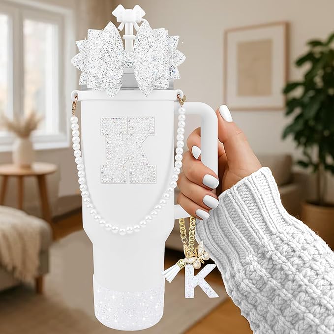 9PCS White for Stanley Cup Accessories Set Bling Initials Bow Charms for Stanley Decorations 30/40 Oz Tumbler Accessories Including Bow Straw Topper, Handle Strap, Spill Stopper（Letter K）
