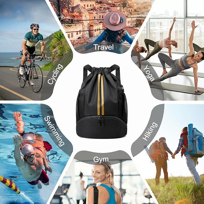 Hoedia Sports Drawstring Backpack - String Swim Gym Bag with Shoes Compartment and Wet Proof Pocket for Women&Men, Black Gold