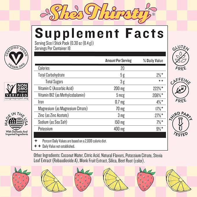 Legendairy Milk She’s Thirsty – Strawberry Lemonade, No Sugar Added Electrolytes Powder Packets–Coconut Water Mix for Women, Instant Hydration Packets, Immune Support, Pregnancy Safe, 18 Ct