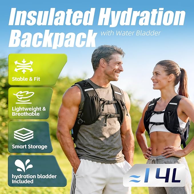 Hydration Pack Backpack, Insulated Hiking Water Backpack with 1.5L Water Bladder, Running Hydration Vest Backpack for Men Women, Hydro Daypack for Hiking, Cycling, Climbing, Rave