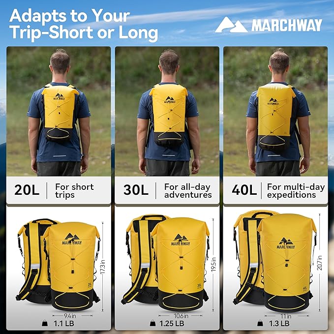 MARCHWAY Floating Roll Top Dry Bag, Flexible Lightweight TPU Waterproof Backpack 20L/30L/40L with Padded Straps for Boating, Kayaking, Swimming, Hiking, Beach (Yellow, 20L)