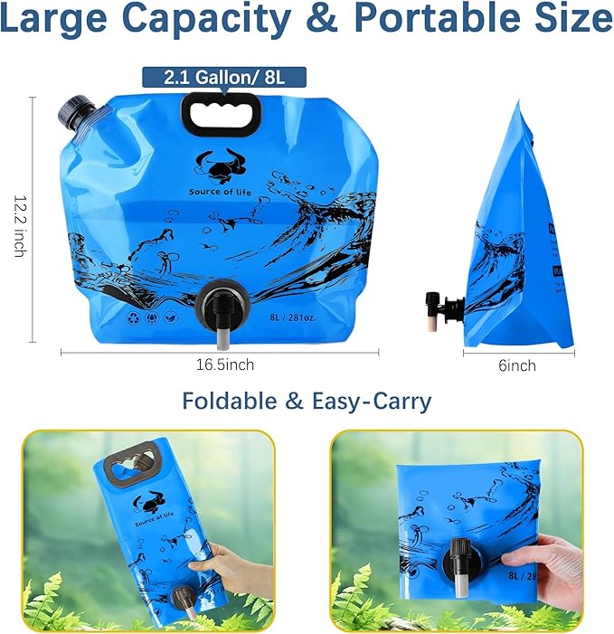 Water Jug Camping 2.1 Gallon Collapsible with Spigot, BPA Free Portable Water Pouch Foldable Water Bags for Outdoor Hiking, Travel and Emergency & Water Storage Containers (Orange_Blue-2Pcs)