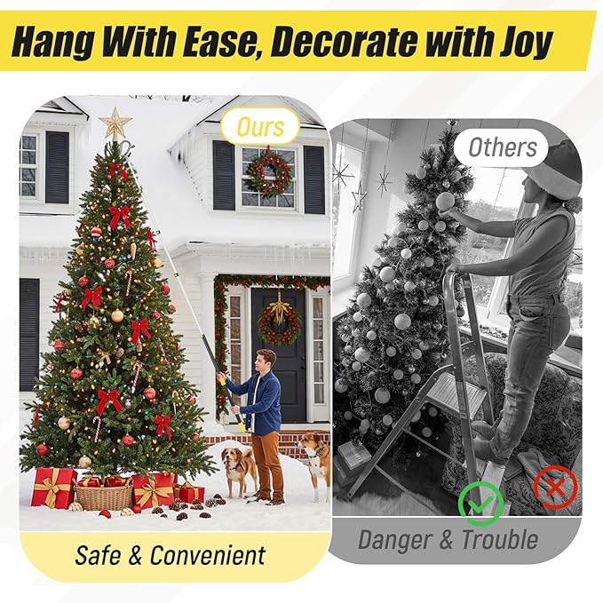 4.3-18 ft Telescopic Extension Pole with Utility Hook, Multi-Purpose Aluminum Pole for Painting, Dusting and New Year Window Cleaning Christmas Lights Installation Without a Ladder(Yellow)