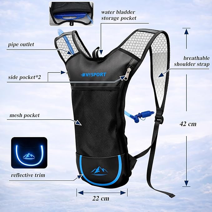 2 Pack Hydration Backpack Pack with 2L Hydration Bladder, TNYSPORT Lightweight Breathable Water Backpack with 3 Layer Pockets, Reinforced Shoulder Straps for Hiking Running Cycling