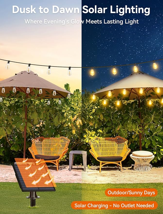 Brightever 50FT Solar String Lights Outdoor Waterproof, Patio Lights Solar Powered with Remote, 18+1 Shatterproof ST38 LED Bulbs, Dimmable&3 Lighting Modes, Hanging Outdoor Lights for Garden, Wedding