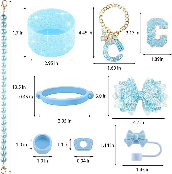 9PCS Blue for Stanley Cup Accessories Set Bling Initials Bow Charms for Stanley Decorations 30/40 Oz Tumbler Accessories Including Bow Straw Topper, Handle Strap, Spill Stopper（Letter C）