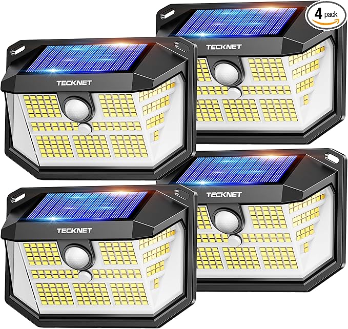 TECKNET 231 LED Solar Motion Lights Outdoor, 300° Angle & 3 Lighting Modes, PIR Motion Sensor & IP65 Security Solar Wall Lights for Fence Front Door Yard Deck Garden Garage(4 Pack)
