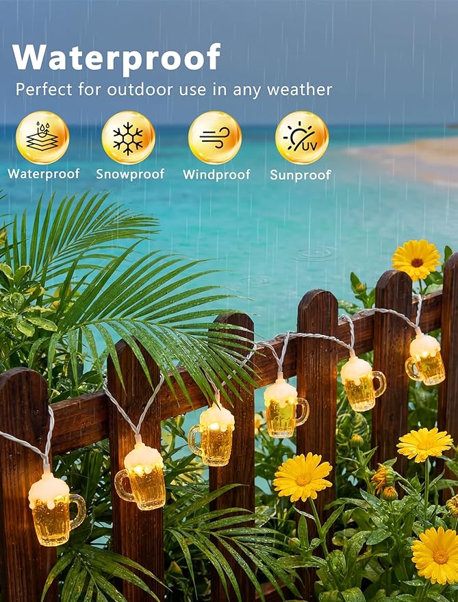 Beer Mug String Lights, 8.5FT 10 LED Summer Lights with UL Certified Plug, Waterproof Tropical Party Decorations for Patio, Warm White Hawaiian String Lights for Garden Backyard Bedroom Bar Decor