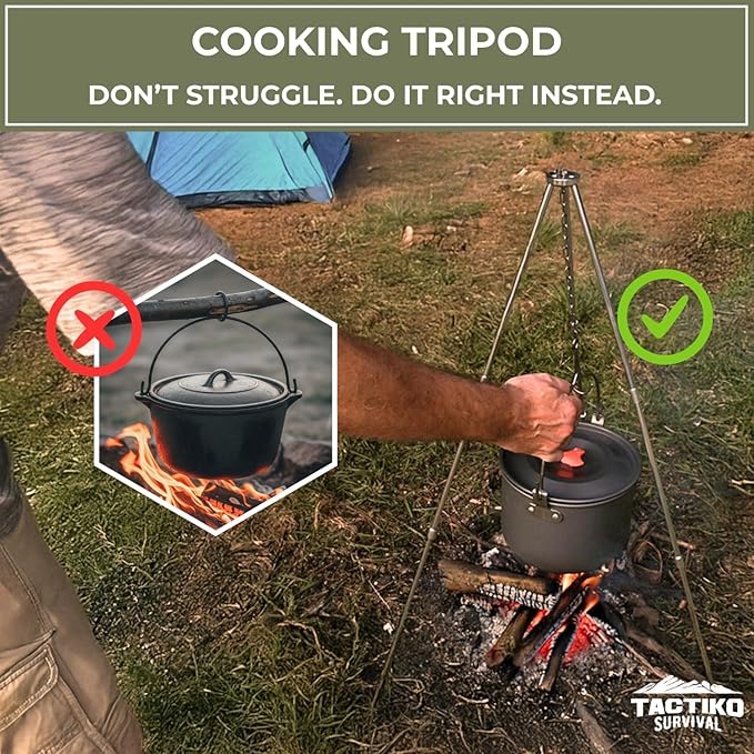 Tactiko Survival 33" Camping Tripod for Cooking - Stainless Steel Folding Stand, Adjustable Chain – Compact, Lightweight Outdoor Gear for Hanging Kettles, Pots & Percolators