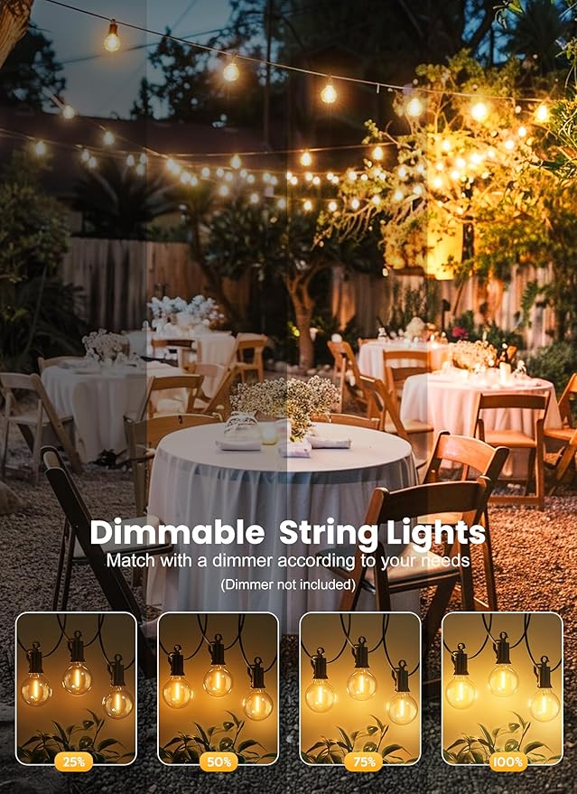 Brightown Outdoor String Lights, 100FT 100+2 G40 Bulbs Shatterproof Patio Lights, IP65 Waterproof Dimmable Hanging Connectable Globe LED Outdoor Lights for Backyard, Bistro, Porch, Deck, Balcony