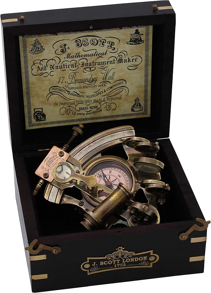 Handmade Astrolabe Brass Sextant inbuild Compass with Hardwood Box.