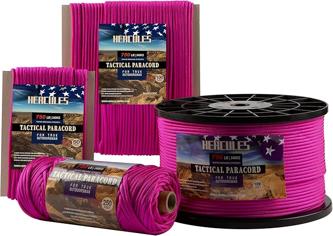 HERCULES 750lb Paracord 4mm 11 Strands Tactical Parachute Cord, 50' 100' 250' 1000' Utility Rope for Camping, Survival, Outdoor Gear (Rose Pink, 50FT)