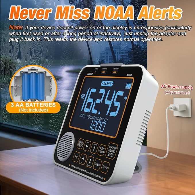 NOAA Weather Alert Radio for Home - S.A.M.E. Localized Programming, 23 Country Codes & 75+ Emergency Alerts NOAA Weather Radio with Battery Backup External Antenna and Warning Light for Home